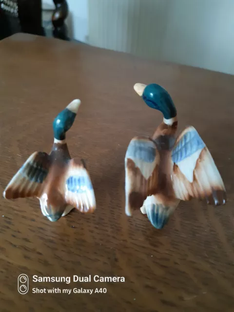 Vintage Miniature Free Standing Mallard Duck and Duckling Spreading wings - pair