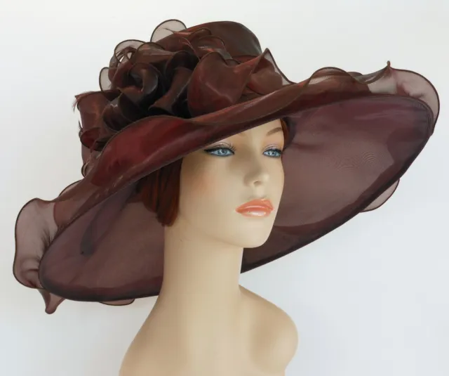 New Church Kentucky Derby Wedding Organza Wide Brim Dress Hat Brown 3546