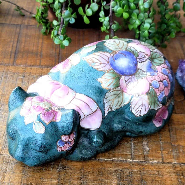 Vintage Ceramic Sleeping Cat Hand Painted Blue Teal Pink Floral Flower Gold Trim