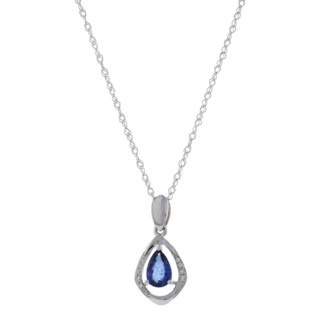 White Gold Sapphire & Diamond Pendant Necklace 17 3/4" - 18k Pear .51ctw