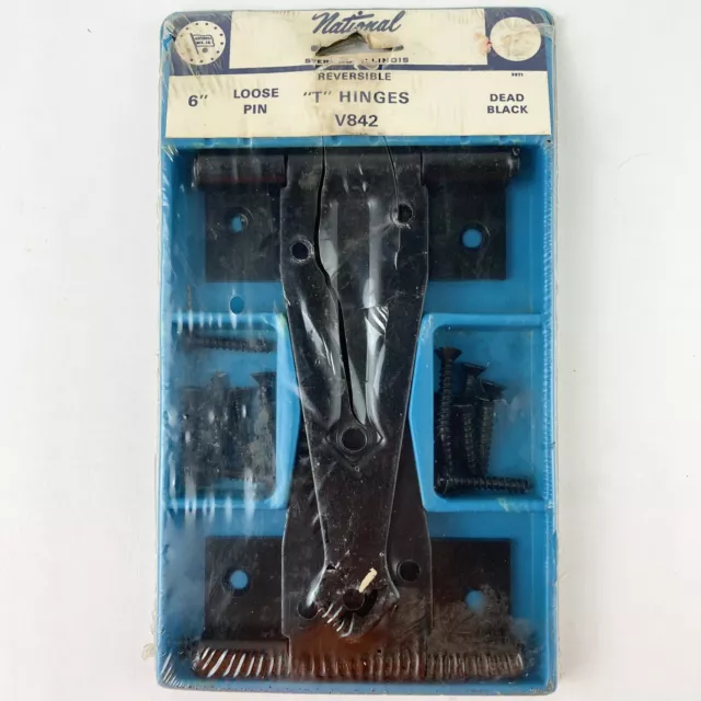 NOS 1960s National Hardware 6" Loose Pin T Hinges V842 Dead Black Barn Hardware