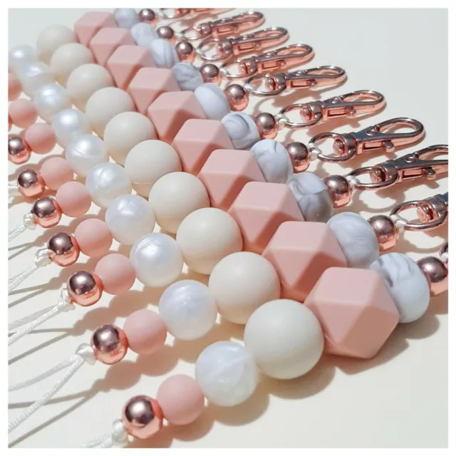 Rose Gold Accent Silicone Bead Keyring Keychain Bag Tag Bling Beaded Gift