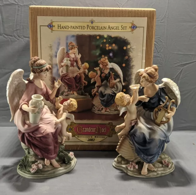 Grandeur Noel Collectors Edition Set Of 2 Angels With Cherubs Hand Painted EUC