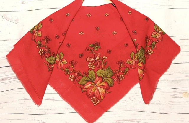 Scialle in Lana 100% rosso con Foglie Autunnali e Bacche Russo Ucraino Vintage