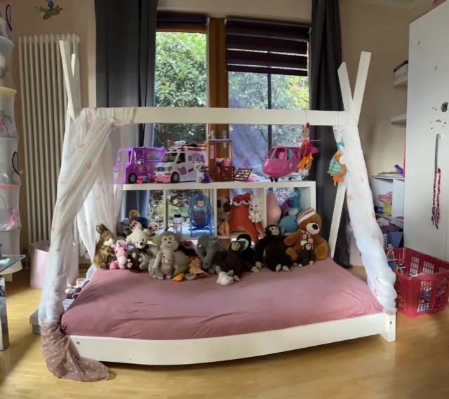 Kinderbett 80x160cm Tipi Indianer Bett Holz Weiß Hausbett Kinder Haus