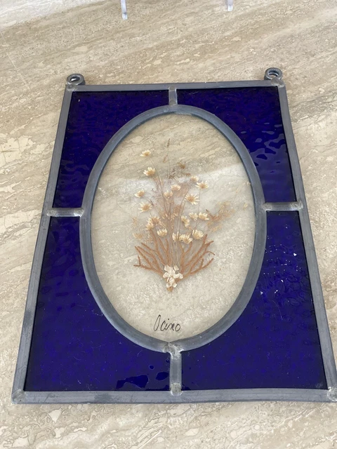 Stained Glass Hanging Panel Dried Pressed Flowers Lead Frame 8” x  6.5 “Art Deco