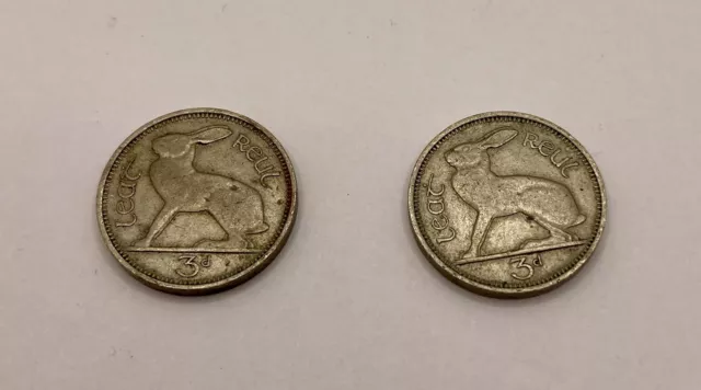 2 x Ireland Threepence Coins - 1948, Irish, Eire, 3 Pingine, 3d, Harp & Hare