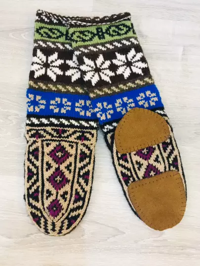 Men Hand knitted Long Slipper Socks with Suede Soles/ Warm Socks/ Wool Slippers