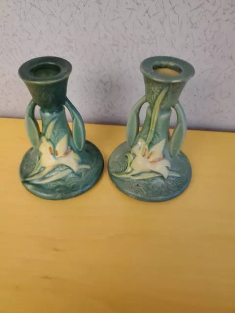 Pair VTG Roseville Pottery Green Zephyr Candle Holders 4.5"H  #1163-4 1/2