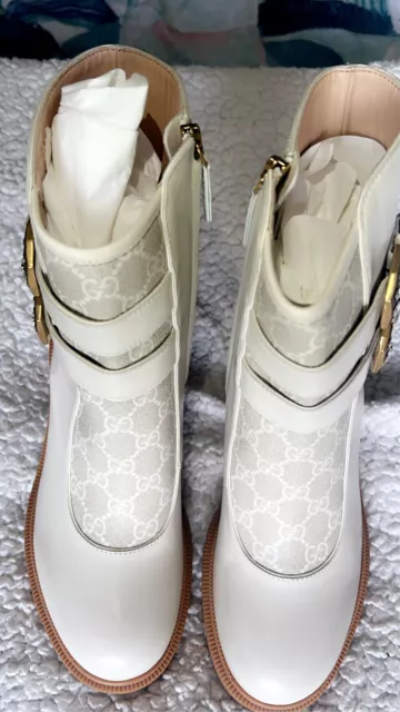 GUCCI Women White Kensington GG Crystal Combat Boots Size 41 Leather Monogram