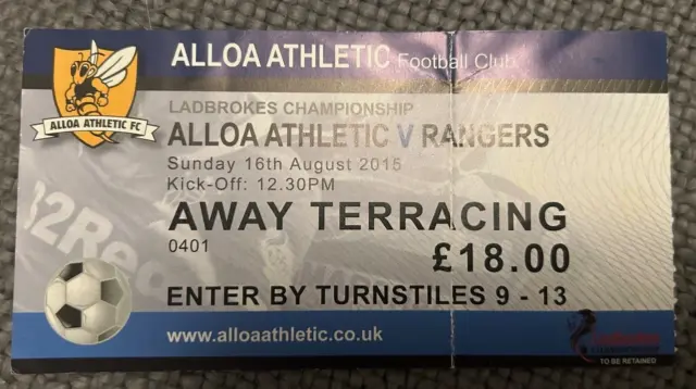 Alloa Athletic v Rangers - Ladbrokes Championship 18th August 2015 - Ticket Stub