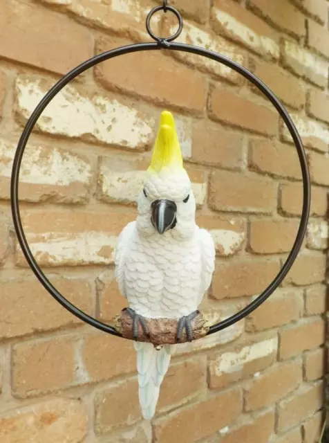 AUSSIE 24cm BEAUTIFULL HANGING  COCKATOO BIRD IN RING GARDEN FIGURINE POLY RESIN