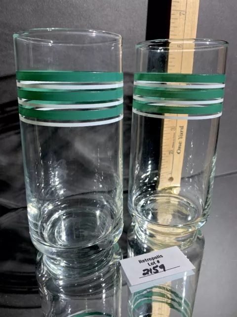 2 Vtg MCM Mid Century Style Glass Green White Stripes Tea Water Juice Barware
