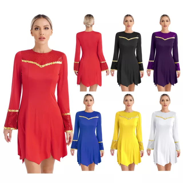 UK Womens Dancewear Sequins Performance Costume Long Sleeve Dresses Church Event