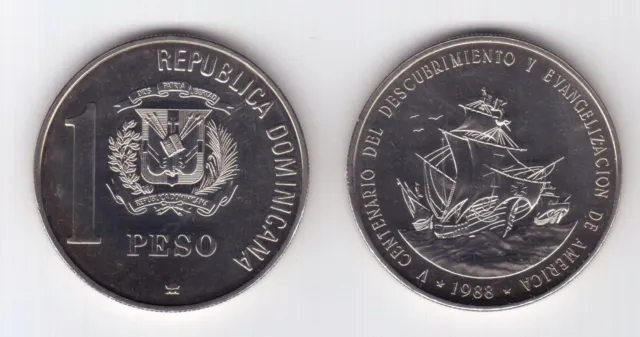 DOMINICAN REPUBLIC 1 PESO UNC COIN 1988 YEAR KM#66 500th ANNI DISCOVERY SHIP