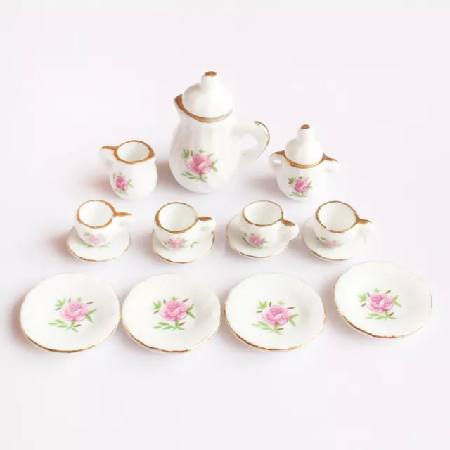 15 Dollhouse Miniature Dining Ware Pink Floral Ceramic Tea Set Pot Cup Plate