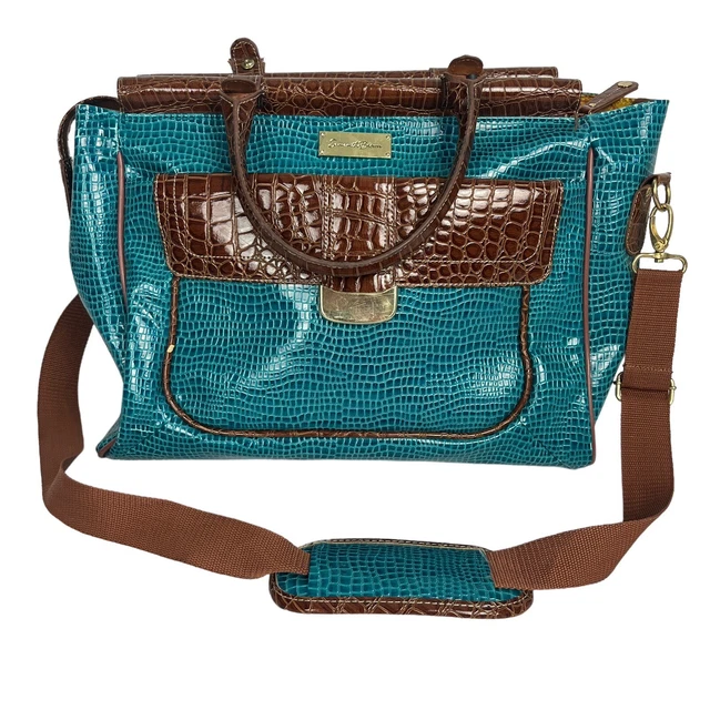 Samantha Brown Croco Embossed Carry On Travel Bag Tote Turquoise Brown Weekender