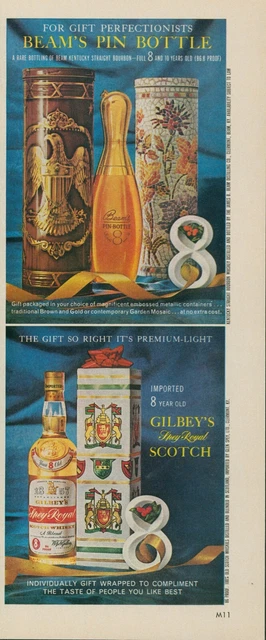 1963 Jim Bean Pin Bottle Bowling Gilbeys Scotch Gift Box Vintage Print Ad LO8