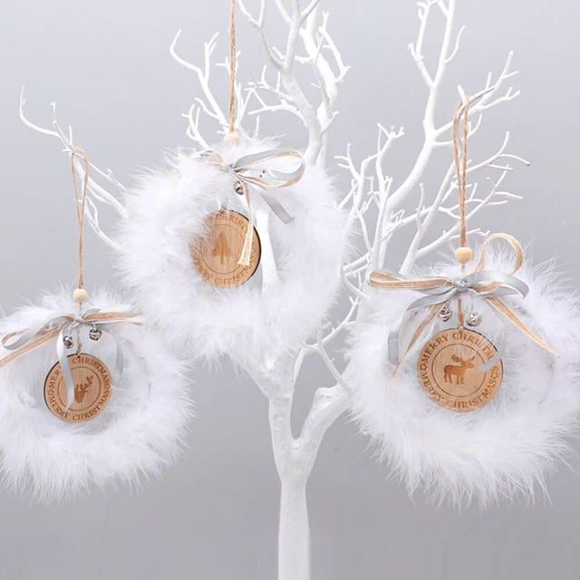 3 Stück hölzerner Weihnachtsbaum Anhänger weiße Feder Bogen Glocke Kranz Ornamen