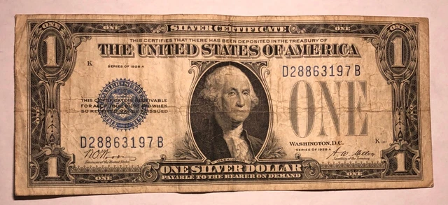 1928A $1 Funnyback blue seal silver certificate FR1601. Fine. #no6