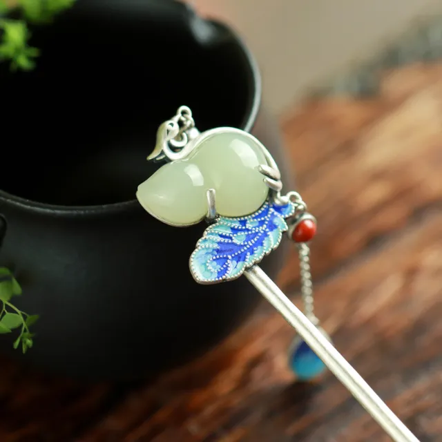 Real 925 Sterling Silver With Nephrite Gourd Hair Pin Oriental Culture