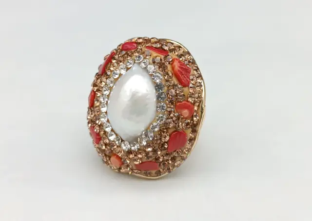 anello donna  perla vera agata rossa ottone placcato oro giallo regolabile