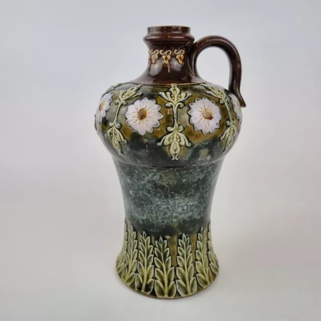 Antique Royal Doulton Stoneware Whisky Flagon Jug Decorated Flowers C.1900 21cm