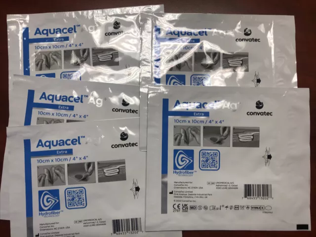 Aquacel Extra Ag+ Hydrofiber 10cm x 10cm, 4"x4" x5 Dressing wound care