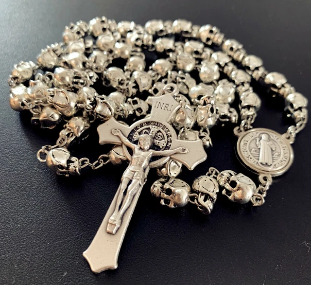 Saint St.Benedict Rosary Crucifix Cross Silver skull beads Catholic necklace
