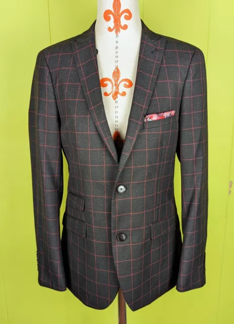 NWOT Paisley & Gray Mens 38R Slim Fit Blazer Black Red Plaid With Pocket Square