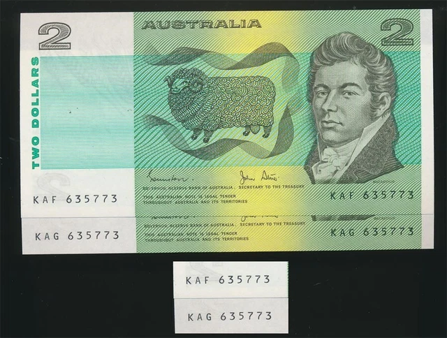 Australia: $2 Johnston-Stone UNC , MATCHING NUMBER 635773 Pair