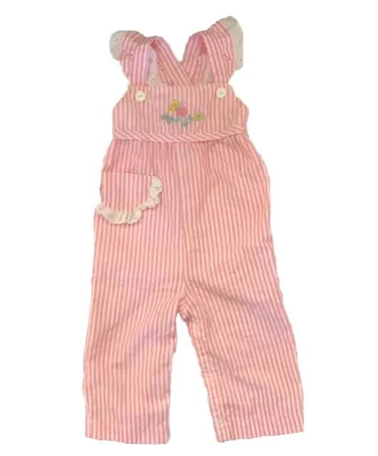 Vintage 80s Girls 12 Months Pink Overall Seersucker One Piece Outfit 90s