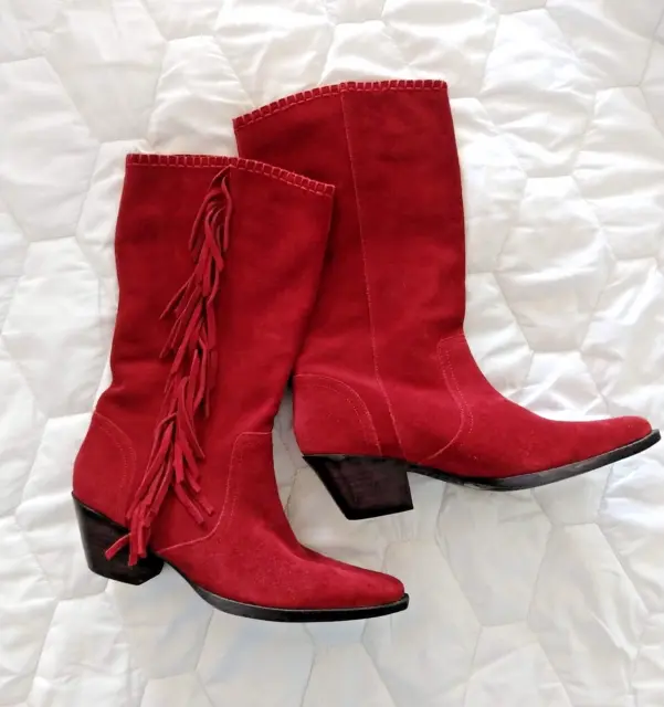 Reba Red Suede Leather Cowboy Suede Fringe Boots Women 6.5 M Cowgirl 2 inch heel