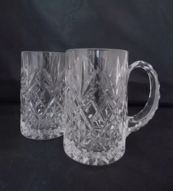 Vintage Classic Cut Clear Crystal Beer Mugs Tankards Unique Handle HEAVY Set 2