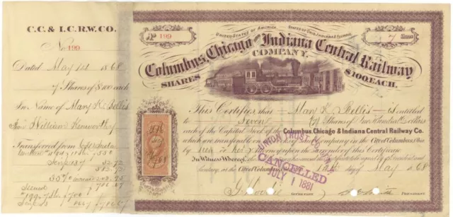 Columbus, Chicago & Indiana Central Railway - Railroad Stock Certificate with Re