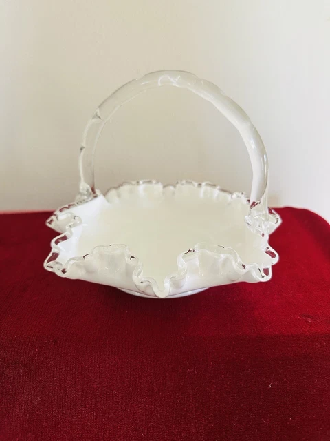 Vintage Fenton Basket Silver Crest Milk Glass Ruffled Edge Clear Applied Handle