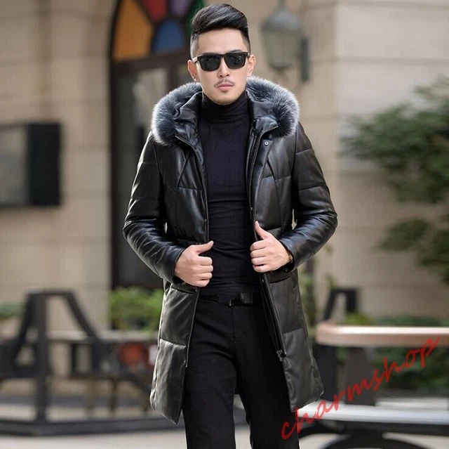 Mens Overcoat With Real Fox Fur Collar Leather Coat White Duck Down Jacket Thick