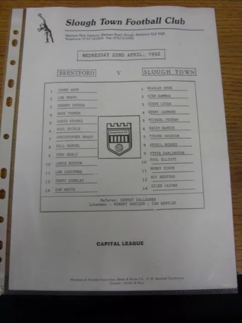 22/04/1992 At Slough Town: Brentford Reserves v Slough Town Reserves & Slough To