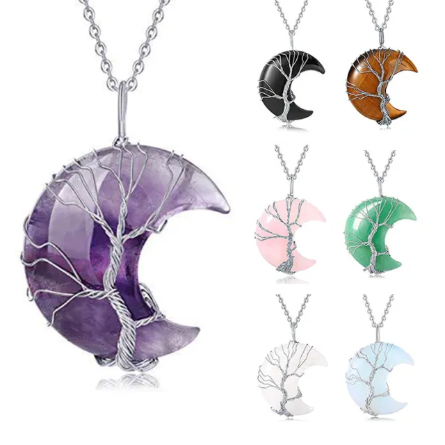 1PCS Natural Stone Amethyst Moon Tree Of Life Pendant Necklace Mineral Healing