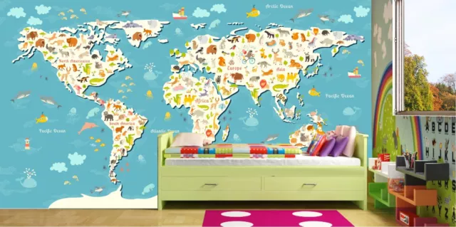Animals World Map Ocean Wallpaper Wall Mural Photo Children Kid Play Room Poster
