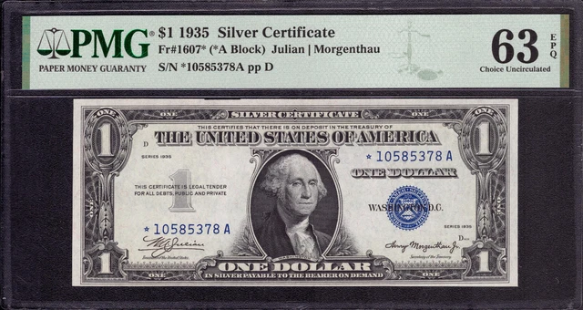 1935 $1 Silver Certificate Star Note Fr.1607* *A Block Pmg Choice Unc 63 Epq