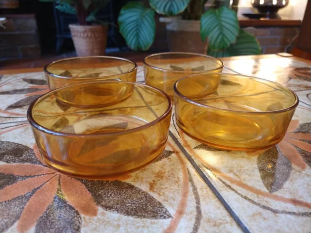 Vintage Set of 4 Amber Glass Dessert Bowls Dishes 60s 70s
