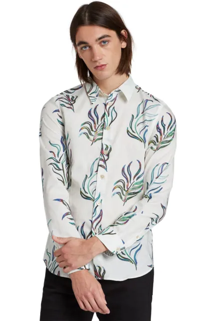 PS by Paul Smith Mens Tailored-fit Painted Fern Long Sleeve Shirt Small White