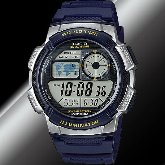 CASIO AE-1000W-2AV DIGITAL Map Blue Watch 100M WR 10 Year Battery 5 ...