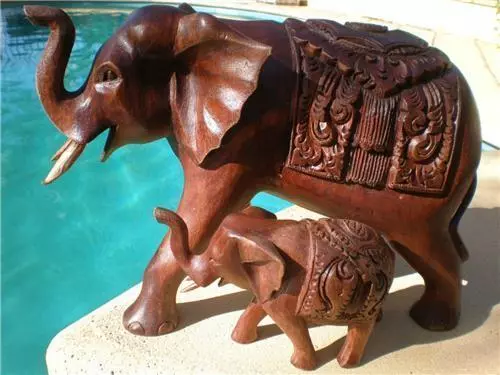 Elephant Mother & Calf Hard Wood Carving Statues Bali Balinese