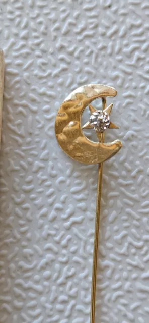 Lovely Antique Victorian 14k Yellow Gold & Diamond Moon & Star Stickpin