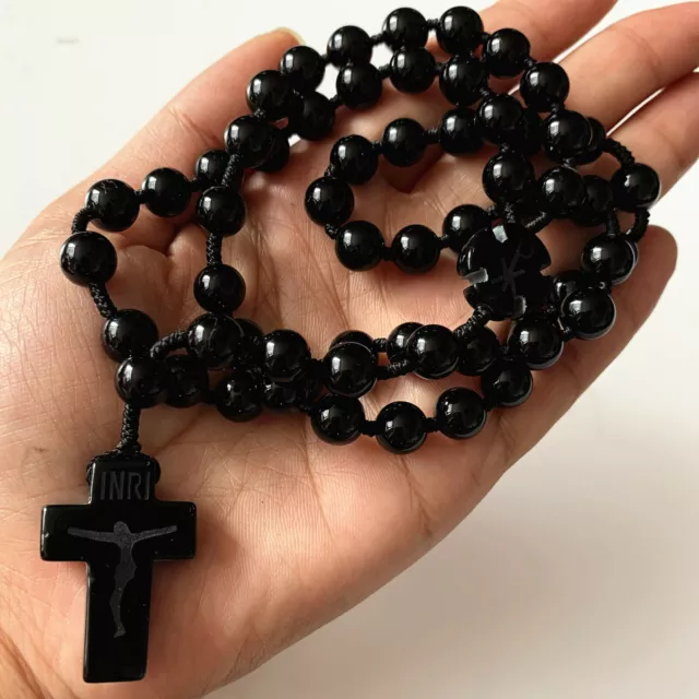 BLACK Natural Carnelian Agate Rosary Bead Necklace Cross CRUCIFIX CATHOLIC
