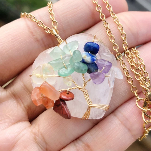 Rock Quartz Gem Tree Of Life Water-Drop Necklace Chakra Reiki Healing Amulet