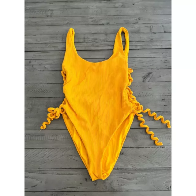 Eberjey Alta Mare Mila Ribbed Lace Up One-Piece Swimsuit Gold Yellow Size Small