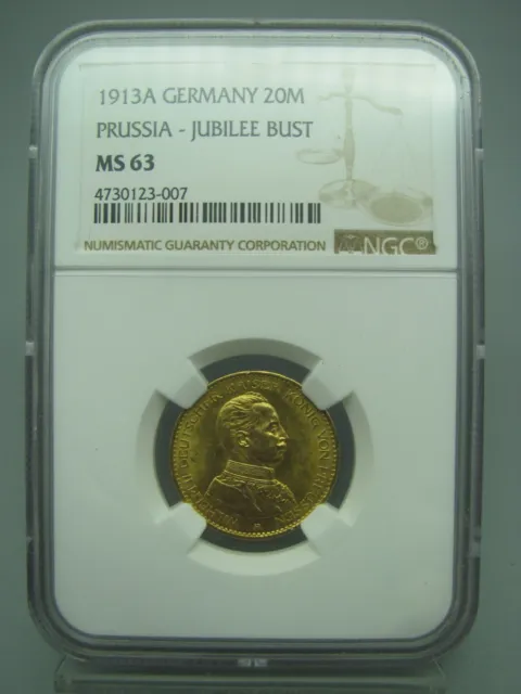 1913 A Germany Gold 20 Mark Prussia Jubilee Bust NGC MS 63